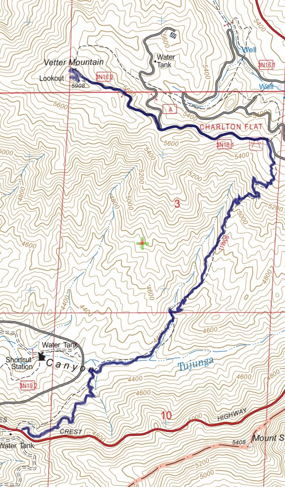 Track map for Silver Moccasin Trail from Shortcut Saddle to Vetter Mountain on 1-15-2016 using Backcountry Navigator (US Forest Service-2013 map) from my phone.