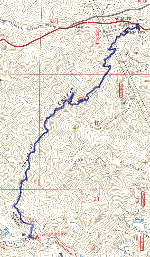 Shortcut Saddle to West Fork Trail Camp Track Map from November 2015 using Backcountry Navigator (US Forest Service-2013 map) from my phone.