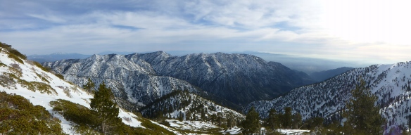 View looking down the Baldy Bowl Trail and across toward Thunder Mountain, Telegraph Peak, Timber Mountain, Cucamonga Peak, and Ontario Peak. (click to enlarge).