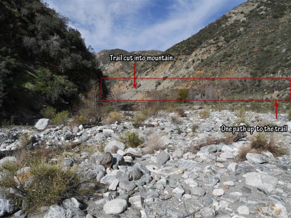 View from where to start looking for a way up to the trail as it leaves the river bed.