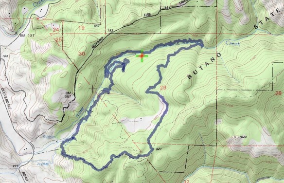 Hike #023 (Butano State Park) track map using Backcountry Navigator (Accuterra-2013 map) from my phone.