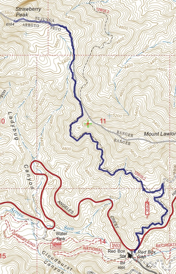 Red Box to Strawberry Peak track map from December 2016 using Backcountry Navigator (US Forest Service-2013 map) from my phone.