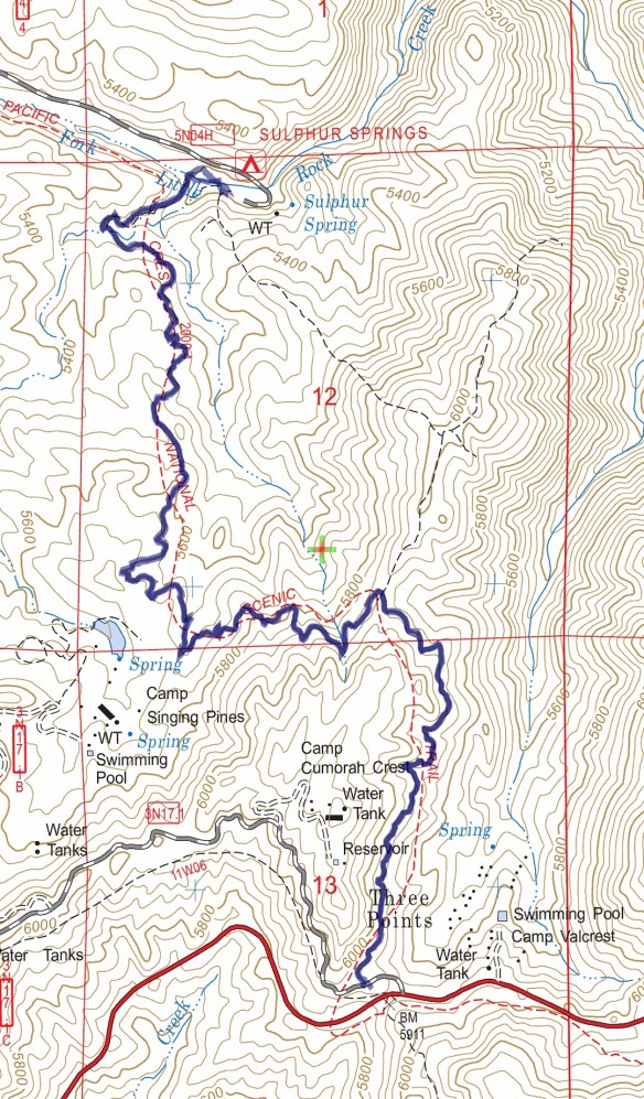 Hike #022 (Pacific Crest Trail) track map using Backcountry Navigator (US Forest Service-2013 map) from my phone.