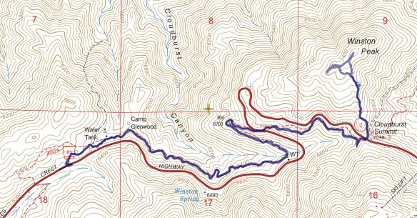 Hike #043 Winston Peak track map using Backcountry Navigator (US Forest Service-2013 map) from my phone.