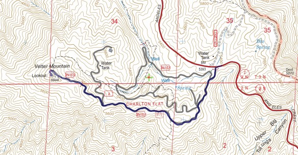 Hike #027 (Vetter Mountain #2) track map using Backcountry Navigator (US Forest Service-2013 map) from my phone.