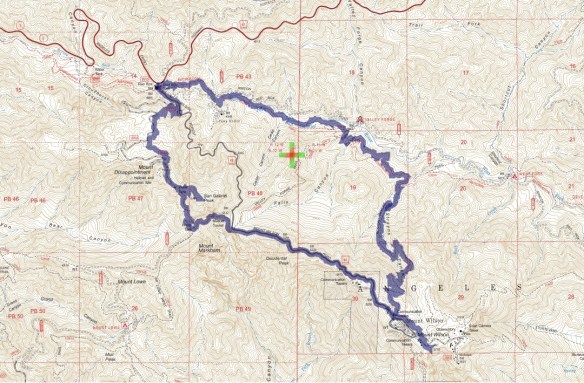 Hike #018 (Mt. Wilson) track map using Backcountry Navigator (US Forest Service-2013 map) from my phone.