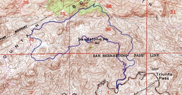 Track map for 2016 Hike #66 Sandstone Peak Backcountry Navigator (Cal Top map) from my phone.