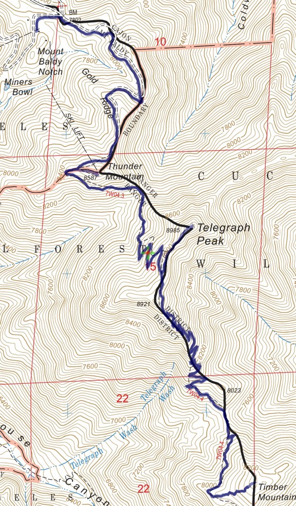 Track map for 2016 Hike #58 Three Tees from Baldy Notch-1601 using Backcountry Navigator (US Forest Service-2013 map) from my phone.