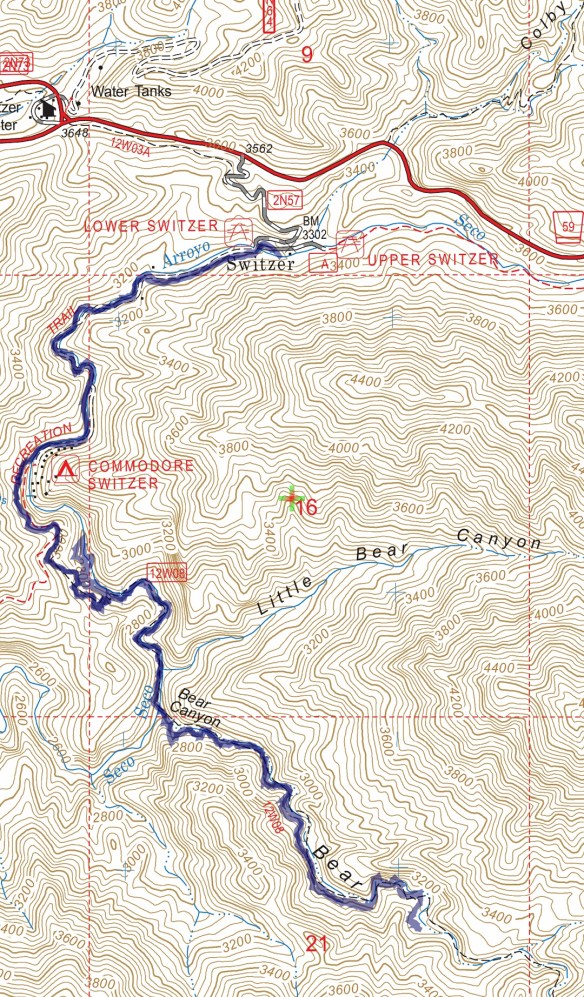 Track map for 2016 hike #13 Switzer to Bear Canyon CG using Backcountry Navigator (US Forest Service-2013 map) from my phone.