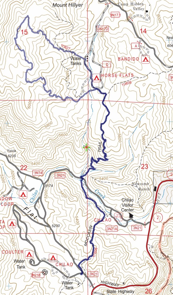 Track map for 2016 Hike #62 Chilao South to Mt. Hillyer Lollipop Backcountry Navigator (US Forest Service-2013 map) from my phone.