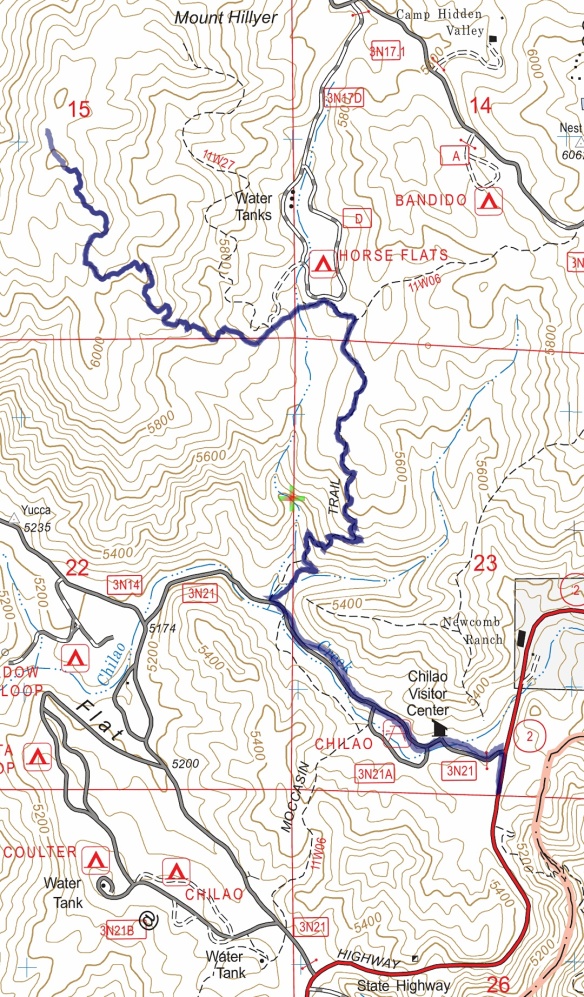 Track map from Angeles Crest Highway to Mt. Hillyer using Backcountry Navigator (US Forest Service-2013 map) from my phone.