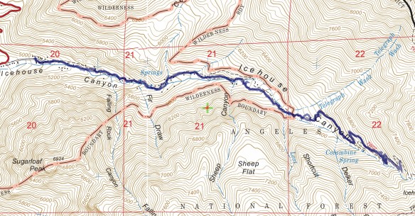 Track map for 2016 hike #8 Icehouse Canyon using Backcountry Navigator (US Forest Service-2013 map) from my phone.