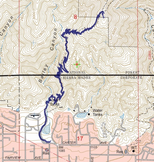 Track map for 2016 Hike #70, Bailey Canyon to Jones Peak. Backcountry Navigator (US Forest Service-2013 map) from my phone.