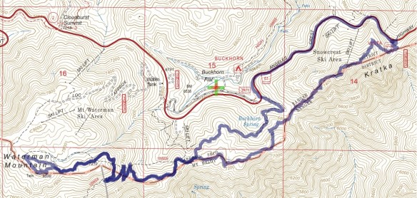 Track map for 2016 Hike #54 Kratka Ridge and Mt. Waterman-1601 using Backcountry Navigator (US Forest Service-2013 map) from my phone.