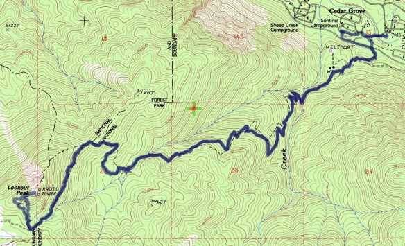 Track map for hike #40 (A) Lookout Peak-1601 using Backcountry Navigator (Cal Topo US 24K Topo map) from my phone.