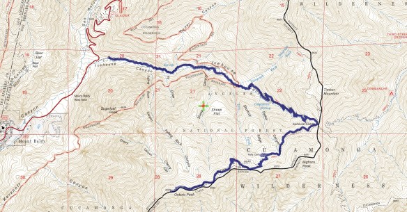 Track map for 2016 hike #29 Ontario Peak-1601 using Backcountry Navigator (US Forest Service-2013 map) from my phone.