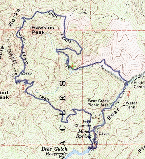 Track map for hike #32 Pinnacles-1601 using Backcountry Navigator (Cal Topo US 24K Topo map) from my phone.