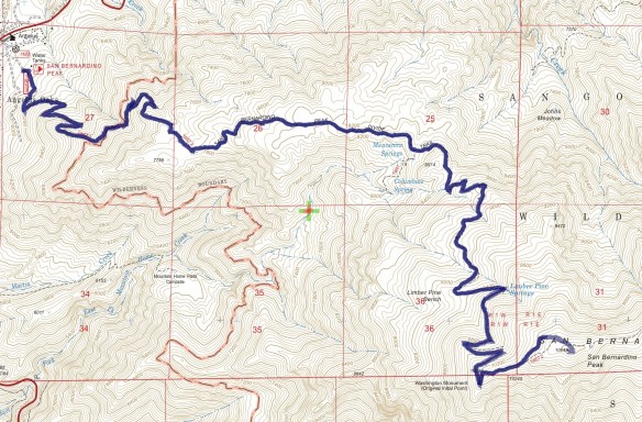 Track map for 2016 Hike #50 San Bernardino Peak-1601 using Backcountry Navigator (US Forest Service-2013 map) from my phone.