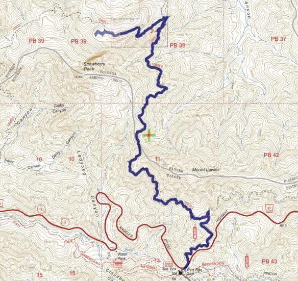 Track map for 2016 hike #28 Strawberry Meadow-1601 using Backcountry Navigator (US Forest Service-2013 map) from my phone.