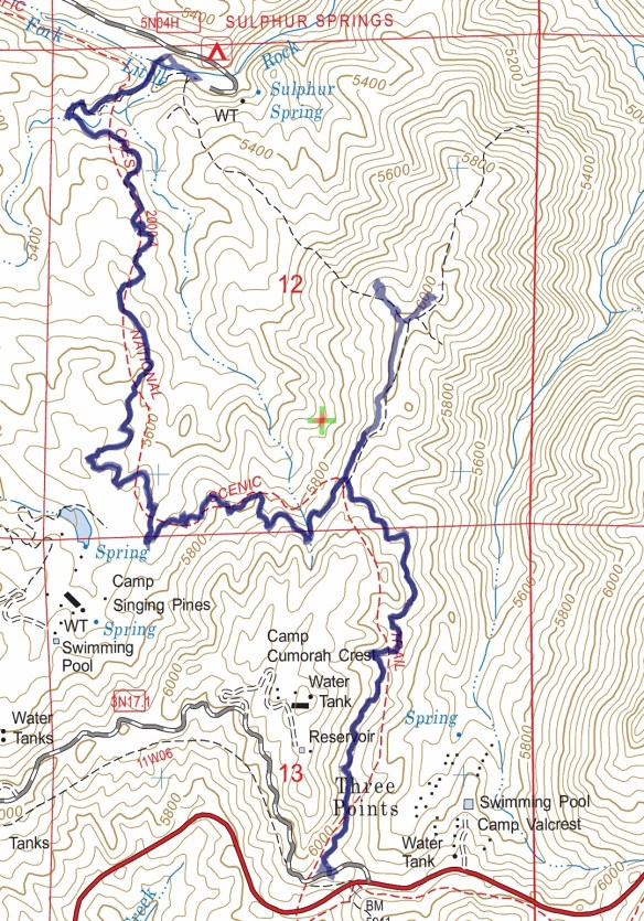 Track map for 2016 hike #11 PCT: Three Points to Sulphur Springs using Backcountry Navigator (US Forest Service-2013 map) from my phone.