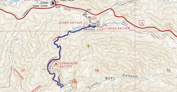 Hike #2 Switzer Falls 1601 track map using Backcountry Navigator (US Forest Service-2013 map) from my phone