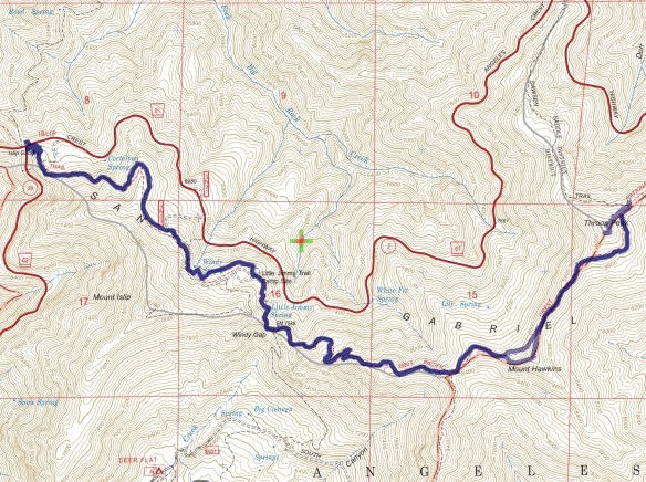 Track map for 2016 Hike #52 Islip Saddle to Throop Peak and Mt. Hawkins-1601 using Backcountry Navigator (US Forest Service-2013 map) from my phone.