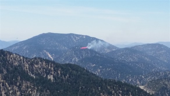 Zoom view of one of the first fire retardant drops (which landed on the fire) as seen from the Dawson Saddle Trail.