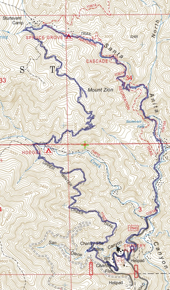 Track map for Chantry Flats to Mt. Zion Loop via Upper falls and Upper Winter Creek from December 2016 using Backcountry Navigator (US Forest Service-2013 map) from my phone.