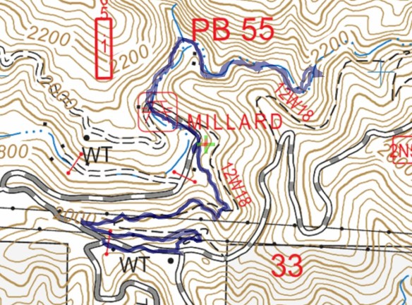 Track map for Lower Sunset Ridge to Millard Falls on 1-13-2017 using Backcountry Navigator (US Forest Service-2013 map) from my phone.