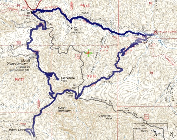 Track map for Red Box to Valley Forge, Mt. Lowe, and San Gabriel Peak on 1-18-2017 using Backcountry Navigator (US Forest Service-2013 map) from my phone.
