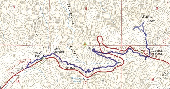 Track map for Angeles Crest Highway Mile Marker 54.10 to Winston Peak in November 2015 using Backcountry Navigator (US Forest Service-2013 map) from my phone.